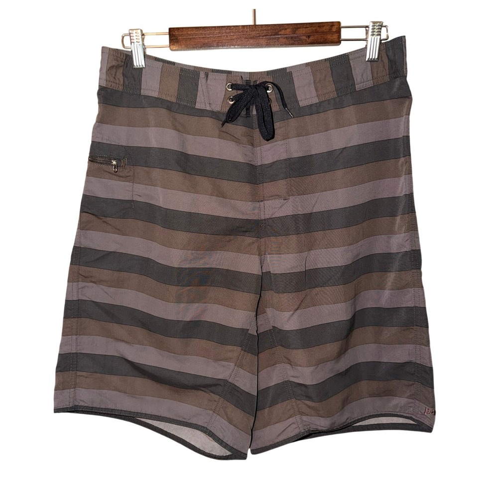 Patagonia Board Shorts Mens 34 Black Grey Striped Swim Trunks Surf Zipper Pocket